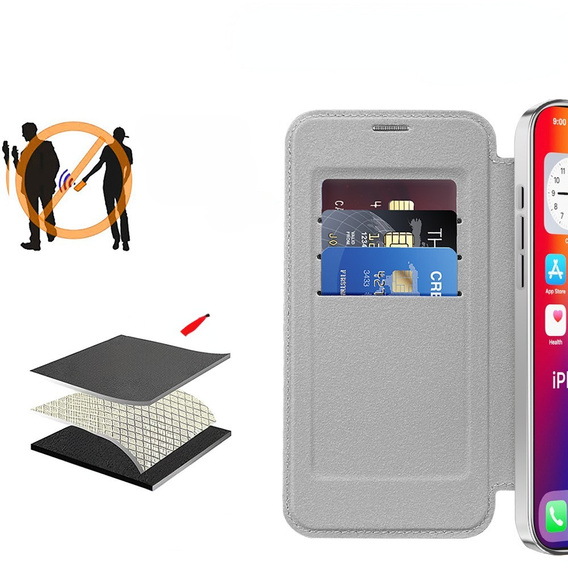 Pattintható tok a iPhone 16 Pro Max, RFID Wallet MagSafe CamShield, ezüst