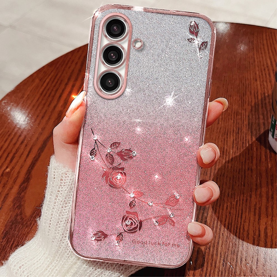 tok Samsung Galaxy S23 FE, csillogó virág, rózsaszín rose gold