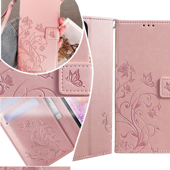 Pattintható tok a Motorola Moto E14, Butterfly, rózsaszín rose gold