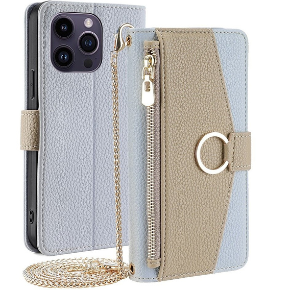 Flip tok iPhone 15 Pro Max, Wallet Zipper Pocket, tükörrel, kék