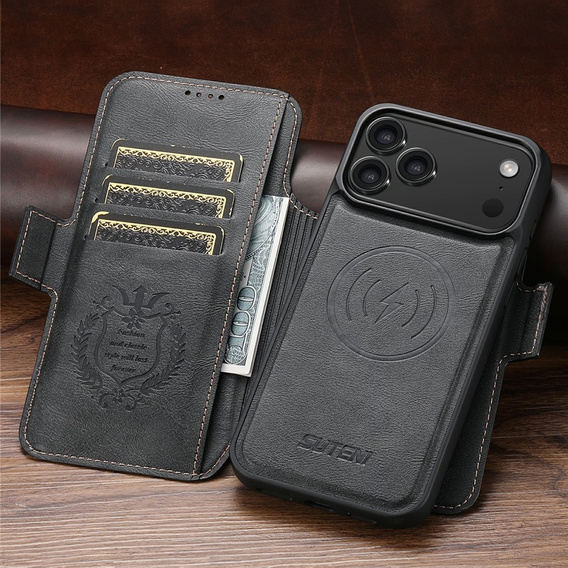 2 az 1-ben flip tok iPhone 17 Pro Max készülékhez, SUTENI, MagSafe-hoz, fekete