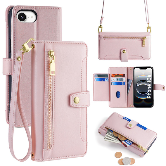 Pattintható tok a iPhone 16E, Wallet Zipper Pocket, rózsaszín