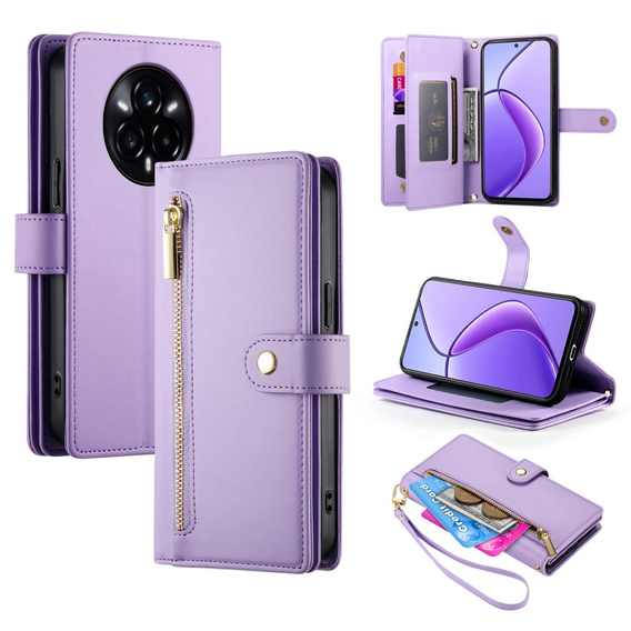 Pattintható tok a Realme 14 Pro+ 5G, Wallet Zipper Pocket, lila