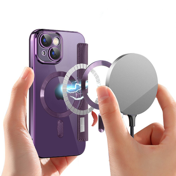 Pattintható tok a iPhone 15, RFID Wallet MagSafe CamShield, lila