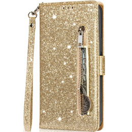 Pattintható tok a Samsung Galaxy A55, Wallet Zipper Pocket Glittery, arany