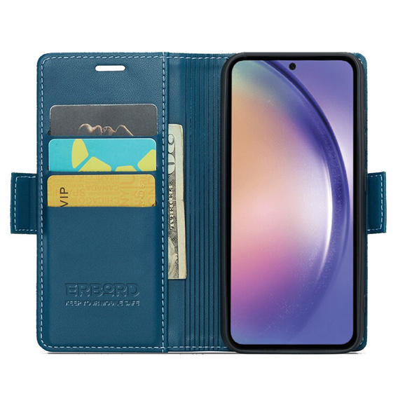 Tok Samsung Galaxy A55, ERBORD Glossy Litchi, pénztárca patenttal, kék