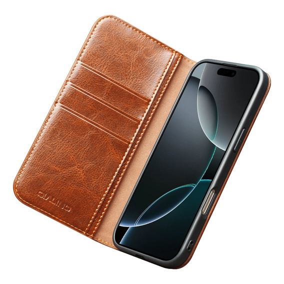 QIALINO valódi marhabőr flip tok iPhone 17 Pro Max készülékhez, barna