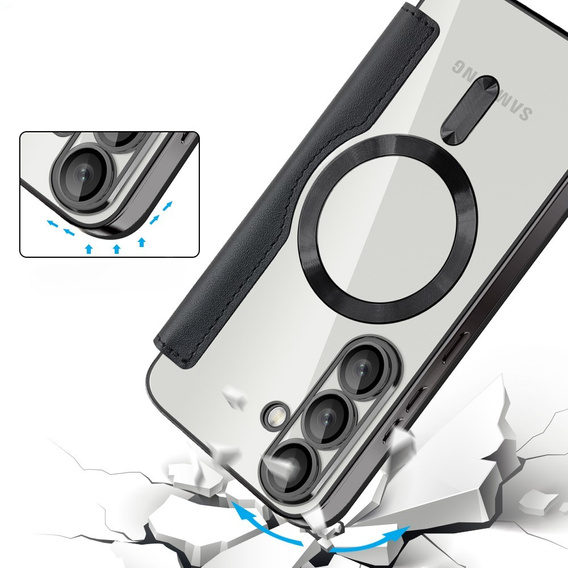 Pattintható tok a Samsung Galaxy S25, RFID Rhombus Wallet MagSafe CamShield, fekete