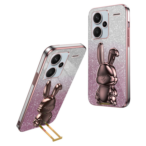Tok Xiaomi Redmi Note 13 Pro+, Glitter Rabbit, kihúzható állvánnyal, rózsaszín