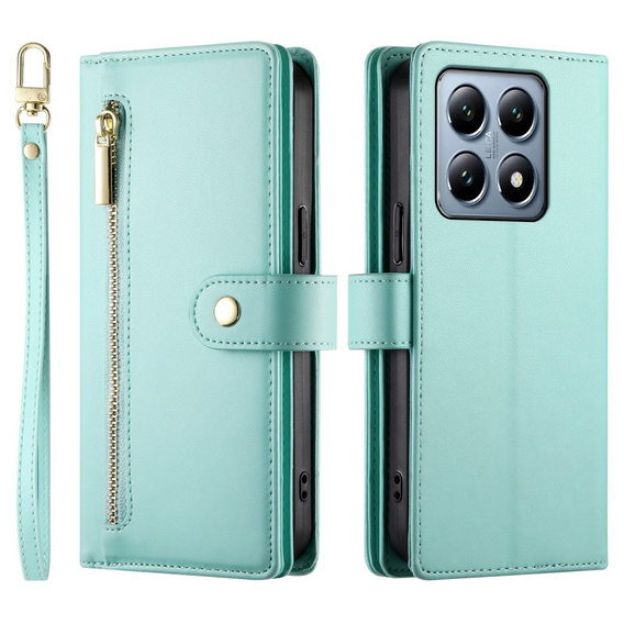Pattintható tok a Xiaomi 14T Pro, Wallet Zipper Pocket, zöld