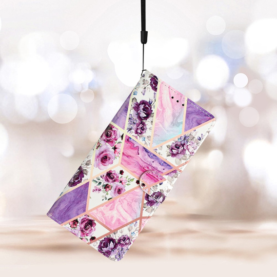 Pattintható tok a Samsung Galaxy A25 5G, Wallet, marble & flowers, rózsaszín + 9H üveg