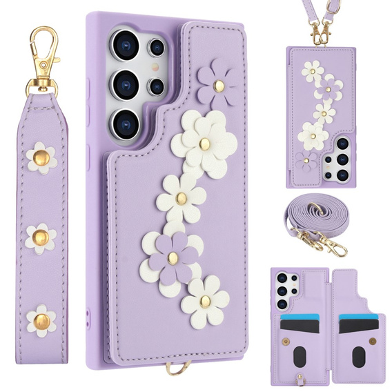 Tok Samsung Galaxy S24 Ultra, Leather Flower Card Slot, lila
