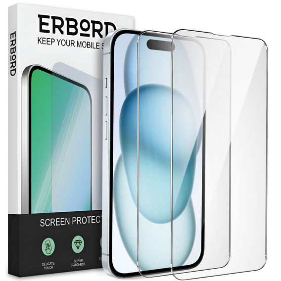 2x edzett üveg a iPhone 15 Plus, ERBORD 9H Hard Glass a képernyőn
