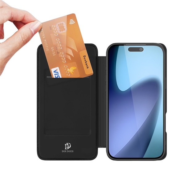 Dux Ducis tok iPhone 17-hez, Skin Pro, patenttal, kártyafoglalattal, fekete