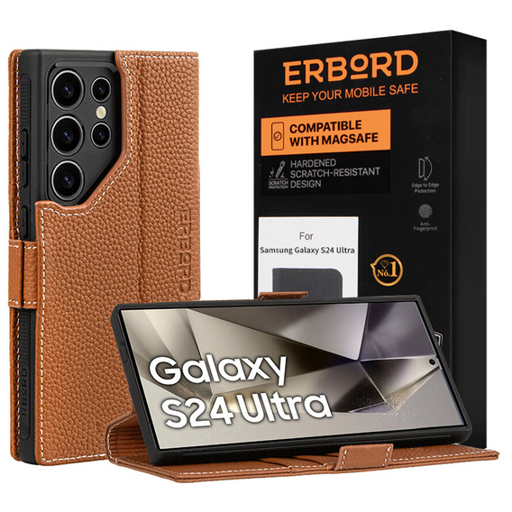 Bőr tok Samsung Galaxy S24 Ultra-hoz, ERBORD LeatherWallet, barna