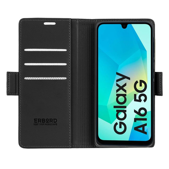 Tok Samsung Galaxy A16, ERBORD Glossy Litchi, pénztárca patenttal, fekete