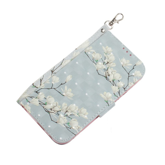 Pattintható tok a Samsung Galaxy A14 4G/5G, Wallet, flowers magnolia, fehér