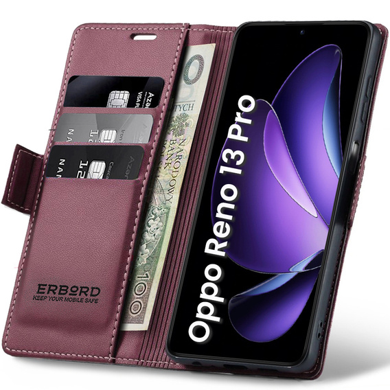Tok Oppo Reno 13 Pro, ERBORD Glossy Litchi, pénztárca patenttal, piros