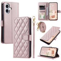 Flap tok iPhone 16, Rhombus Crossbody Leather, rózsaszín rose gold