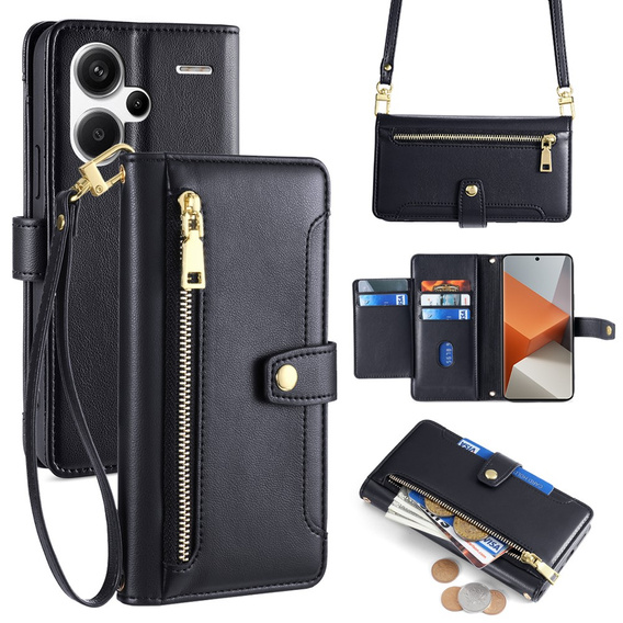 Pattintható tok a Xiaomi Redmi Note 13 Pro+, Wallet Zipper Pocket, fekete