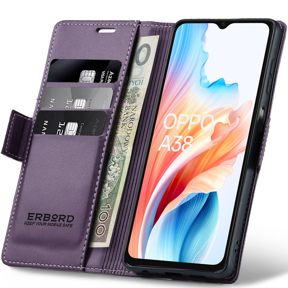Tok Oppo A18 4G / A38 4G, ERBORD Glossy Litchi, pénztárca patenttal, lila