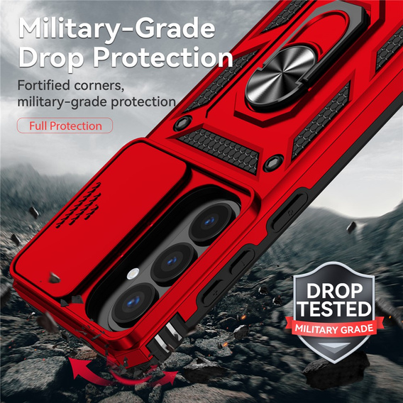 Páncélozott tok állvánnyal és lencsefedéllel Samsung Galaxy S26 Plus készülékhez, piros
