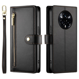 Pattintható tok a Realme 14 Pro+ 5G, Wallet Zipper Pocket, fekete