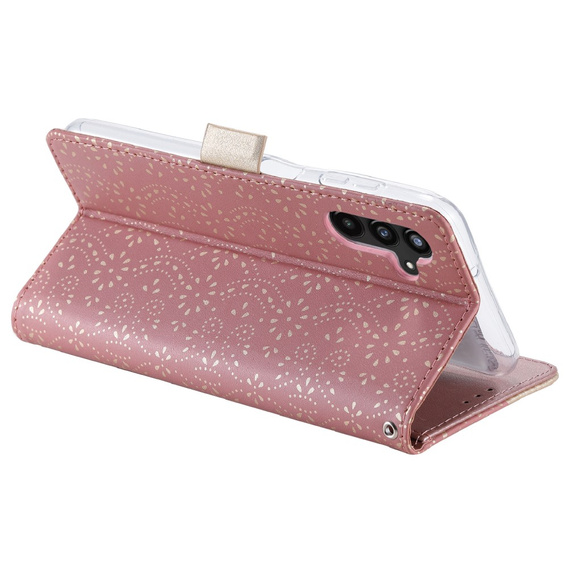 Flap tok Samsung Galaxy A55 5G, Wallet Pocket Zipper Lace, rózsaszín