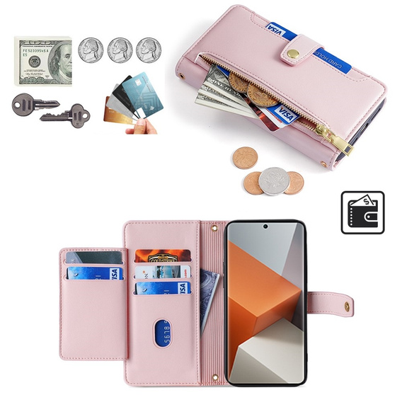 Pattintható tok a Xiaomi Redmi Note 13 Pro+, Wallet Zipper Pocket, rózsaszín