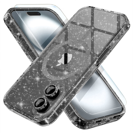 Tok iPhone 16-hoz, ERBORD Glitter MagSafe, fekete + képernyőüveg