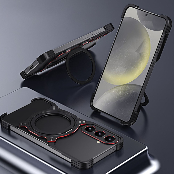 Tok Samsung Galaxy S25, Kickstand Bumper, lencsevédővel, MagSafe-hoz, fekete / ezüst