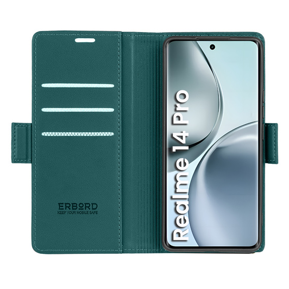 Tok Realme 14 Pro 5G, ERBORD Glossy Litchi, pénztárca patenttal, zöld