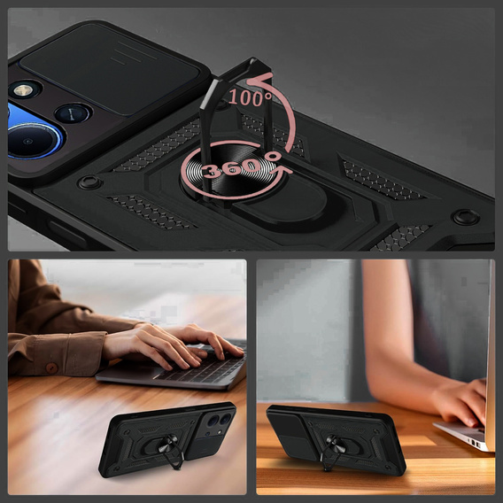 Páncélozott tok Xiaomi Redmi 15C 4G/LTE, kameravédelemmel, állvánnyal, fekete