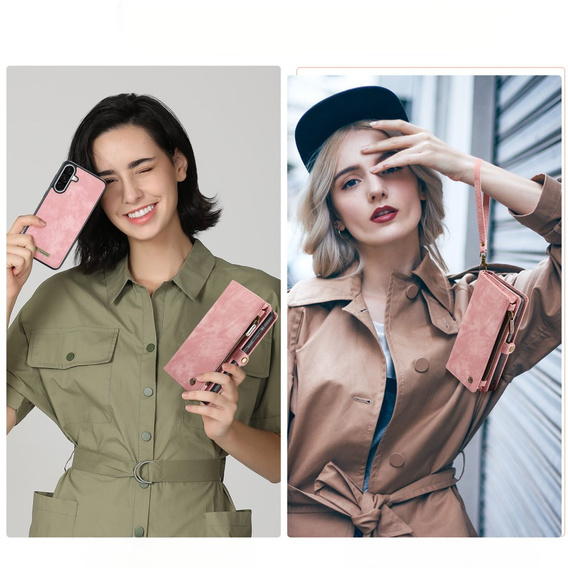 CASEME tok Samsung Galaxy A56 5G, Retro Leather Wallet, szíjjal, rózsaszín