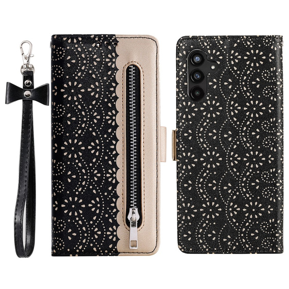 Flap tok Samsung Galaxy A25 5G, Wallet Pocket Zipper Lace, fekete
