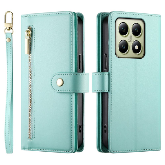 Pattintható tok a Xiaomi 14T, Wallet Zipper Pocket, zöld