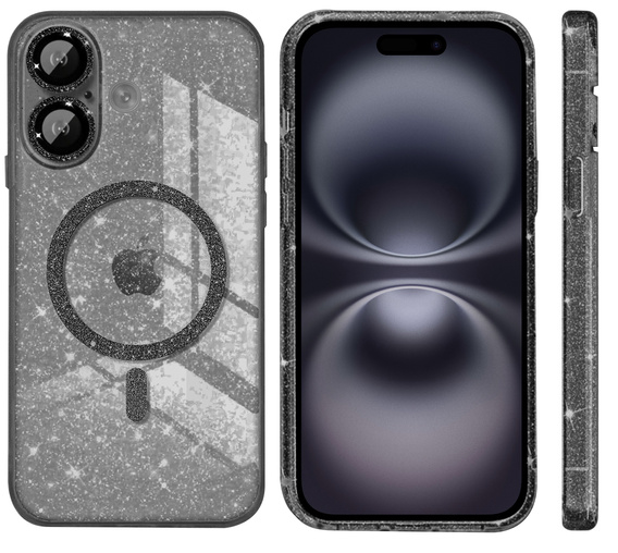 Tok iPhone 16-hoz, ERBORD Glitter MagSafe, fekete + képernyőüveg