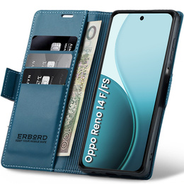 Tok Oppo Reno 14 F / 14 FS, ERBORD Glossy Litchi, pénztárca patenttal, kék