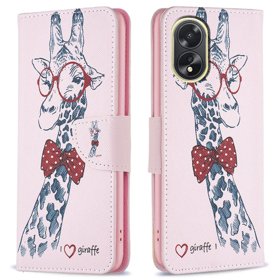 Pattintható tok a Oppo A38 4G / Oppo A18 4G, Wallet, Giraffe rózsaszín