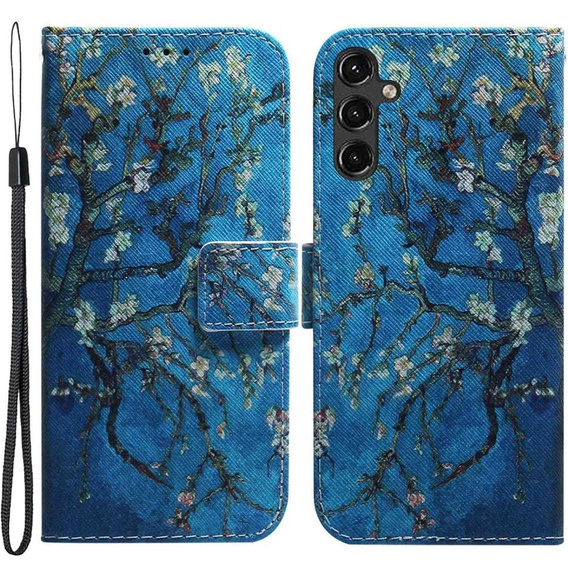 Pattintható tok a Samsung Galaxy A14 4G/5G, Wallet, Sakura, kék