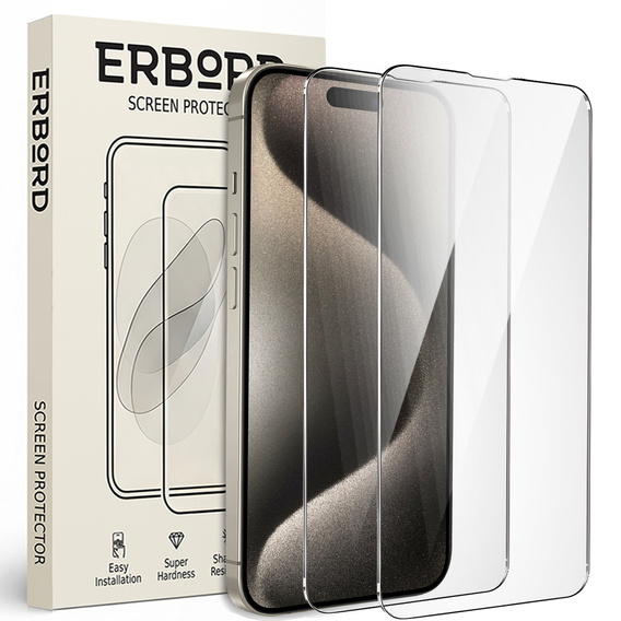 2x edzett üveg a iPhone 15 Pro, ERBORD 9H Hard Glass a képernyőn