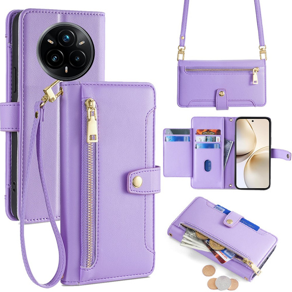 Pattintható tok a Realme 14 Pro+ 5G, Wallet Zipper Pocket, lila