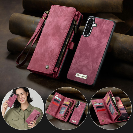 CASEME tok Samsung Galaxy A56 5G, Retro Leather Wallet, szíjjal, piros