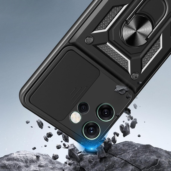 Páncélozott tok Oppo Reno 14F-hez, kameravédelemmel, állvánnyal, fekete