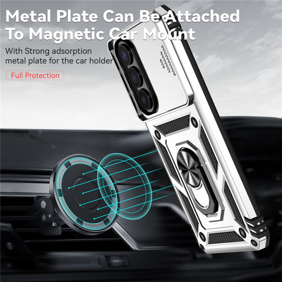 Páncélozott tok állvánnyal és lencsefedéllel Samsung Galaxy S26 Plus készülékhez, ezüst színű