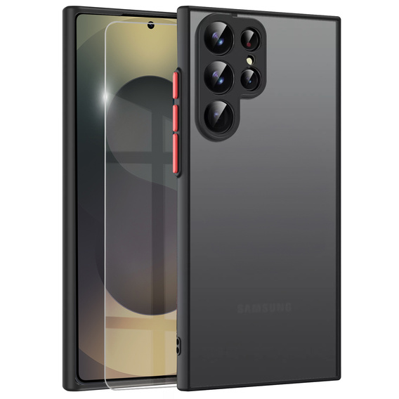 Szilikon tok Samsung Galaxy S25 Ultra, kamera védelemmel, átlátszó / fekete + 9H edzett üveg