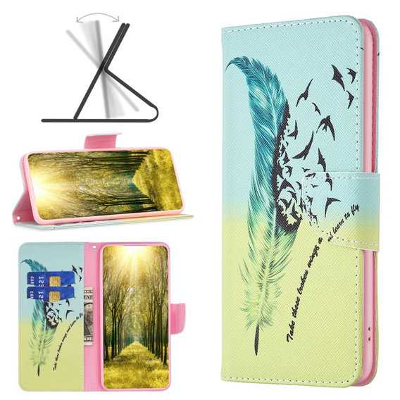 Pattintható tok a Xiaomi Redmi Note 13 Pro 5G, Wallet, Feather kék / sárga