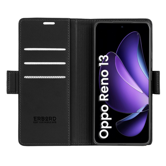Tok Oppo Reno 13, ERBORD Glossy Litchi, pénztárca patenttal, fekete