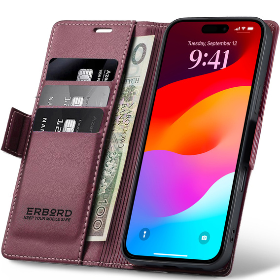 ERBORD Fényes Litchi tok, flip pénztárca iPhone 17 Pro Max-hez