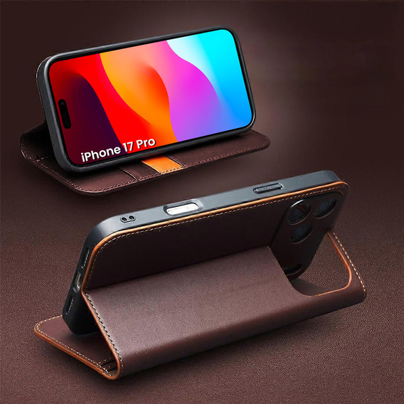 QIALINO bőr pénztárca flip tok iPhone 17 Pro készülékhez - barna